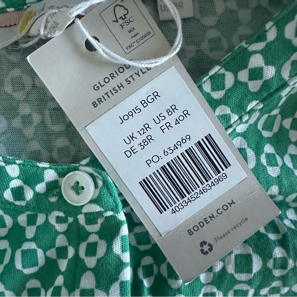 Boden Easy Jersey Shirt Dress J0915 BGR‎ Green Geo US 8R | Cotton Modal - Picture 2 of 6